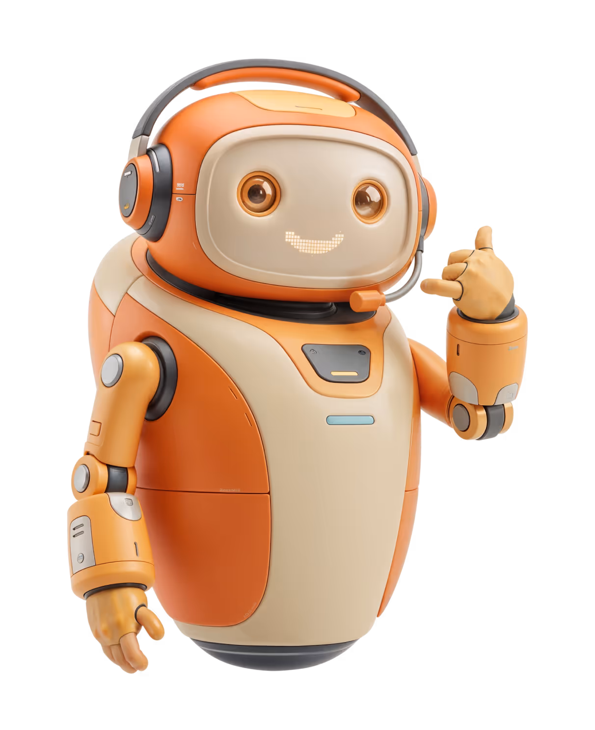 Ein lachender oranger Roboter der mit der linken Hand "Ruf uns an" deutet.