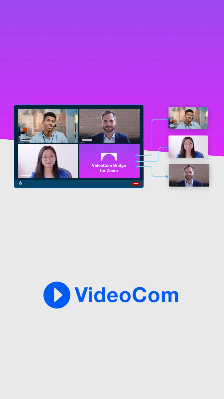 Grafik der Desktop-App "VideoCom Bridge for Zoom" mit Videokonferenzansicht und dem Logo von VideoCom. Mehrere Teilnehmer sind in vernetzten Video-Kacheln dargestellt.